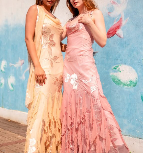 Unique Spaghetti Straps Chiffon Print Beaded Ruffles Evening Dress Mermaid Prom Dress Y8254 - View 2 | VelvetHem
