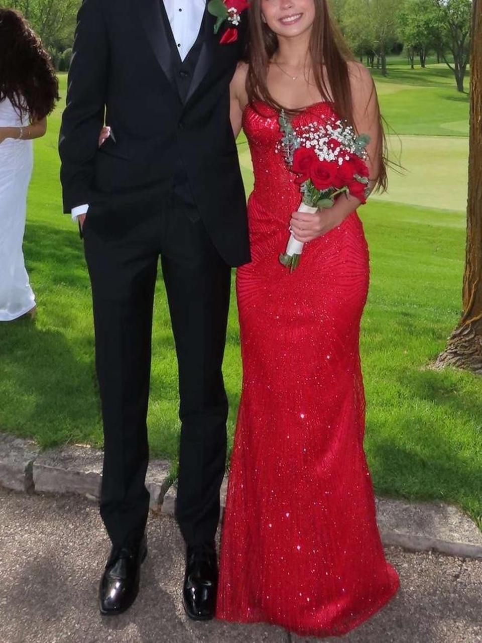 Shiny Strapless Red Satin Beaded Mermaid Evening Gown Formal Birthday Party Dress