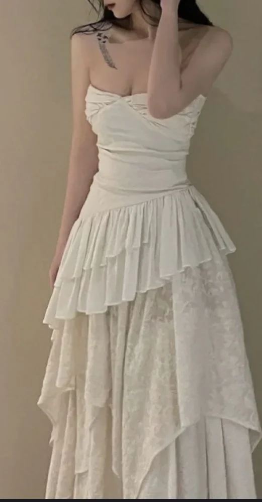 Vintage Strapless White Lace A Line Evening Dress Wedding Dress