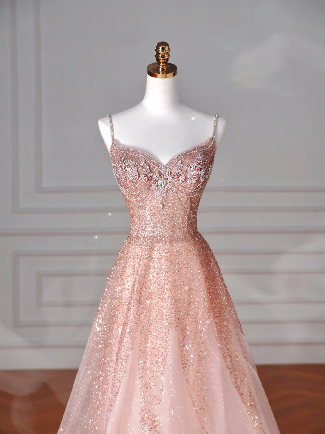 Glitter Pink Tulle Sequins Beaded Prom Dress Spaghetti Straps A Line Evening Dress Y8619 - View 3 | VelvetHem