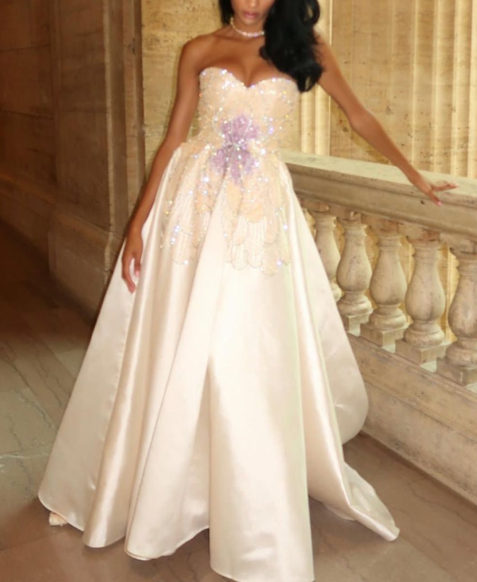 Charming Strapless White Satin Sequin Beaded Formal Bridal Dress Long Wedding Dress - FashionDia