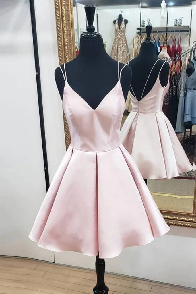 Cute V-Neck Open Back Pink Short Dress, Backless Pink Homecoming Dress - FashionDia