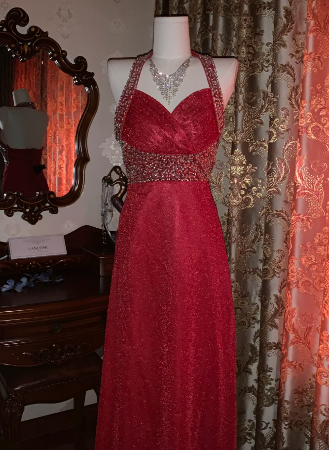 Glitter Halter Red Tulle Sequin Beaded A-Line Long Party Dress Evening Dress - View 2 | FashionDia