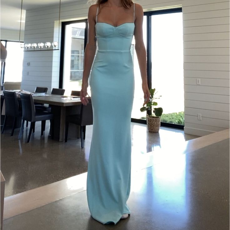 Elegant Blue Spaghetti Straps Sheath Evening Dress,Long Party Prom Dress