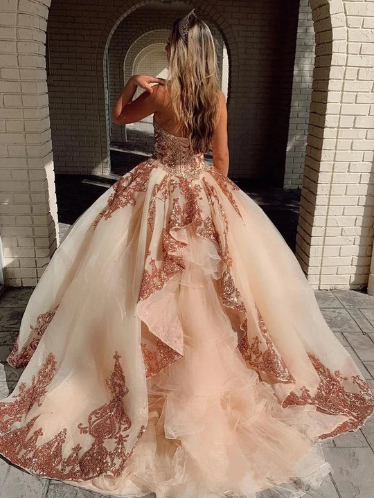 Rose Gold Sequins Ball Gown Sweetheart Strapless Quinceanera Dresses with Beads