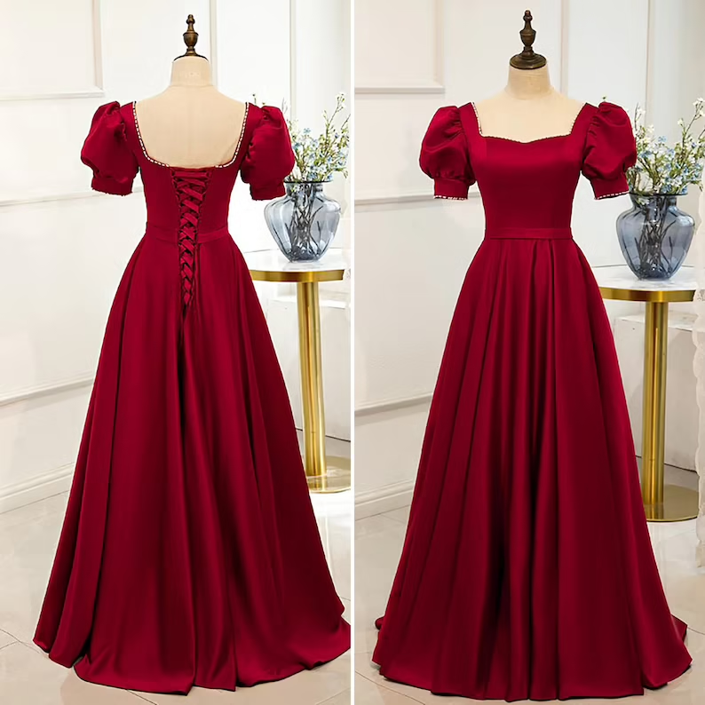 Red Satin Prom Dress Red Dress Puff Sleeve Victorian Dress - View 4 | FashionDia