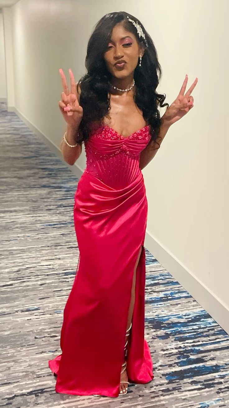Cute Hot Pink Mermaid Slit Prom Dress Pleated Party Evening Dress - View 5 | FashionDia