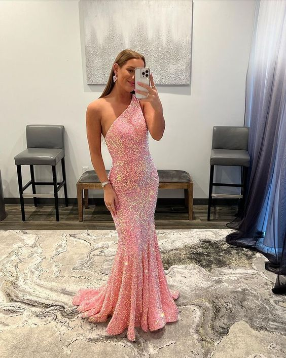 Pink Mermaid Sequins One-Shoulder Sleeveless Sweep/Brush Train Prom Dress