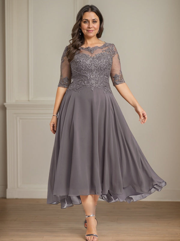 A-line Boat Neck Illusion Asymmetrical Chiffon Lace Mother of the Bride Dress With Sequins Beading