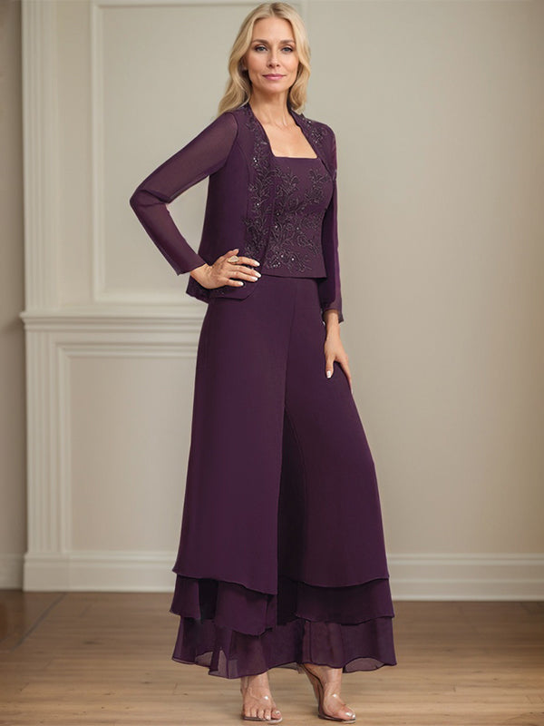 Separates Jumpsuit/Pantsuit Square Ankle-Length Lace Chiffon Mother of the Bride Dress With Sequins - View 6 | FashionDia