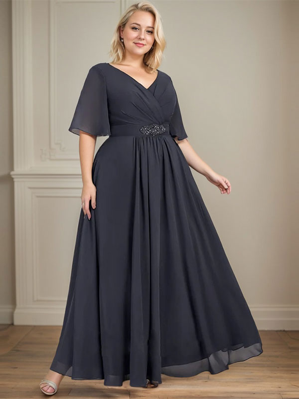 A-line V-Neck Ankle-Length Chiffon Mother of the Bride Dress With Pleated Beading Sequins - View 6 | FashionDia