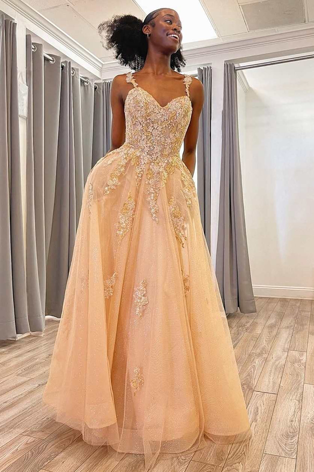 Charming A-Line Spaghetti Straps Champagne Long Prom Dress with Appliques - FashionDia
