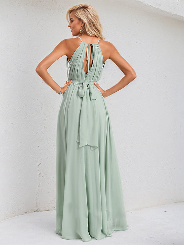Agave Chiffon A Line Halter Neck Sleeveless Asymmetrical Bridesmaid Dress With Ruffle