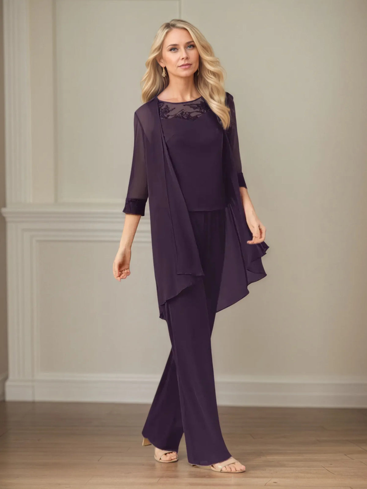 Jumpsuit/Pantsuit Scoop Neck 3/4 Sleeves Chiffon Mother of the Bride Dress - FashionDia