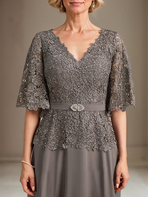 A-line V-Neck Floor-Length Chiffon Lace Mother of the Bride Dress With Crystal Brooch Rhinestone - View 6 | FashionDia