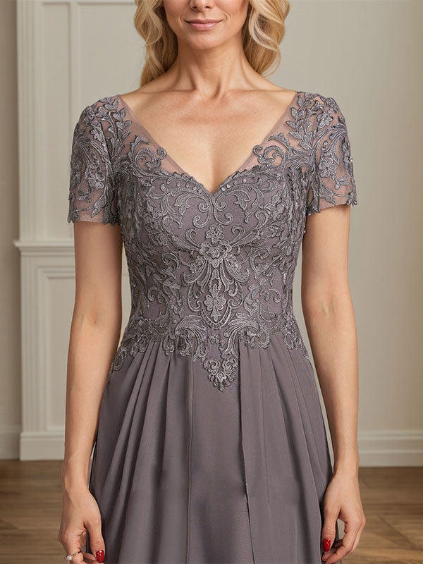 A-line V-Neck Floor-Length Chiffon Lace Mother of the Bride Dress - View 6 | FashionDia