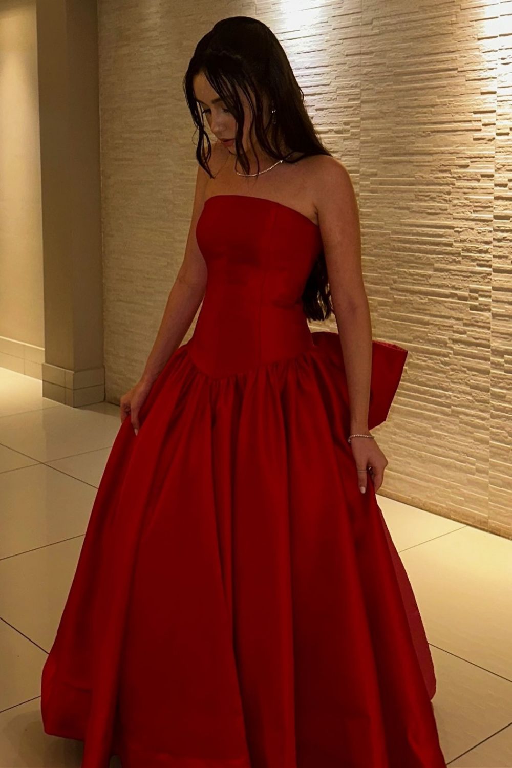 Charming A Line Strapless Red Long Prom Dress with Bowknot - FashionDia