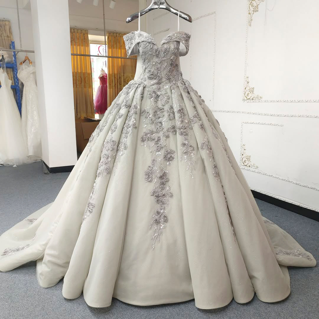 Beautiful A Line Off the Shoulder Grey Ball Gown Quinceanera Dress with Appliques Criss Cross Back