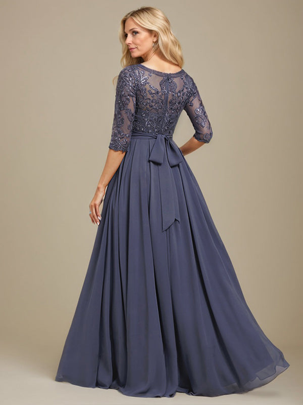 A-Line Scoop Floor-Length Lace Chiffon Mother Of the Bride Dress With Sequins Applique - View 6 | FashionDia