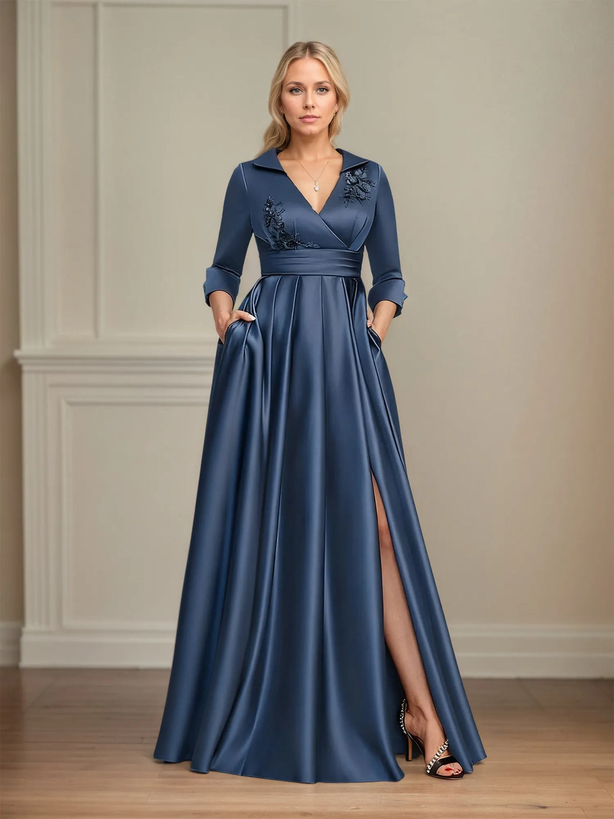 A-line V-Neck Collared Floor-Length Satin Mother of the Bride Dress With Beading 3D Floral Sequins Pleated - VelvetHem