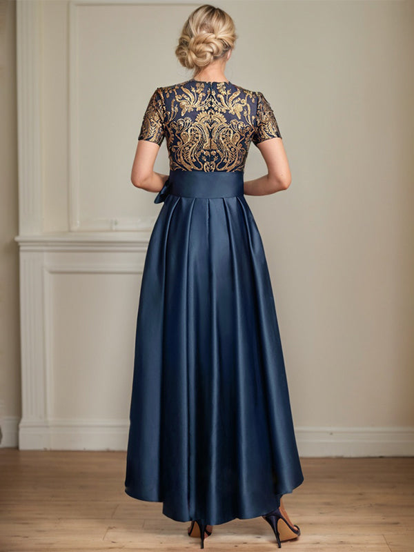 A-line Scoop Asymmetrical Satin Sequin Lace Mother of the Bride Dress With Bow - View 6 | FashionDia
