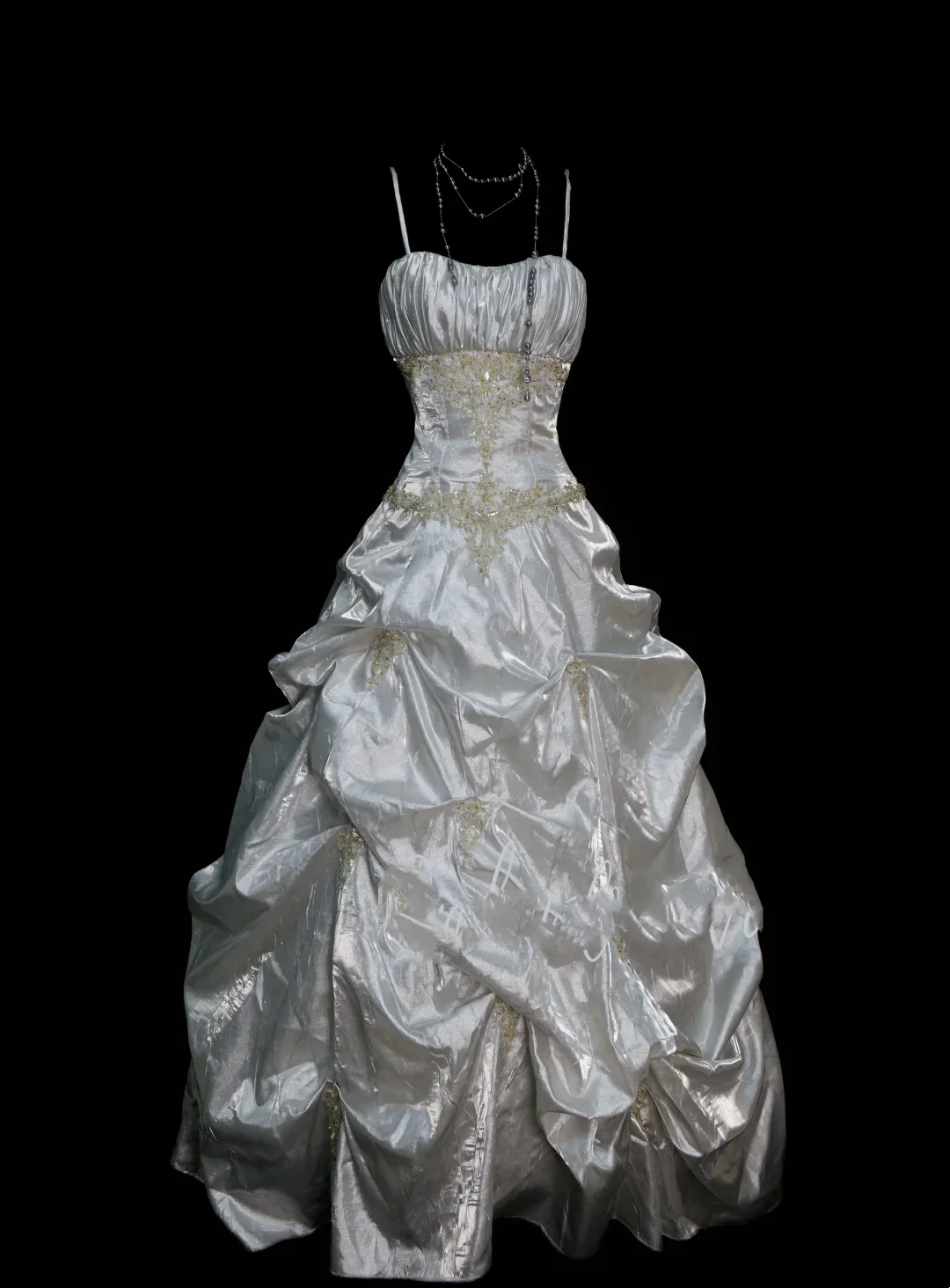 Chic Ball Gown Spaghetti Straps White Satin Pleated Beaded Long Party Dress Evening Dress D4514