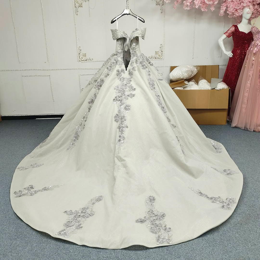 Beautiful A Line Off the Shoulder Grey Ball Gown Quinceanera Dress with Appliques Criss Cross Back