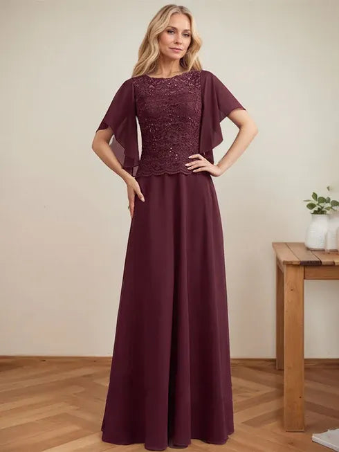 A-line Scoop Illusion Floor-Length Lace Chiffon Mother of the Bride Dress With Sequins - View 6 | FashionDia