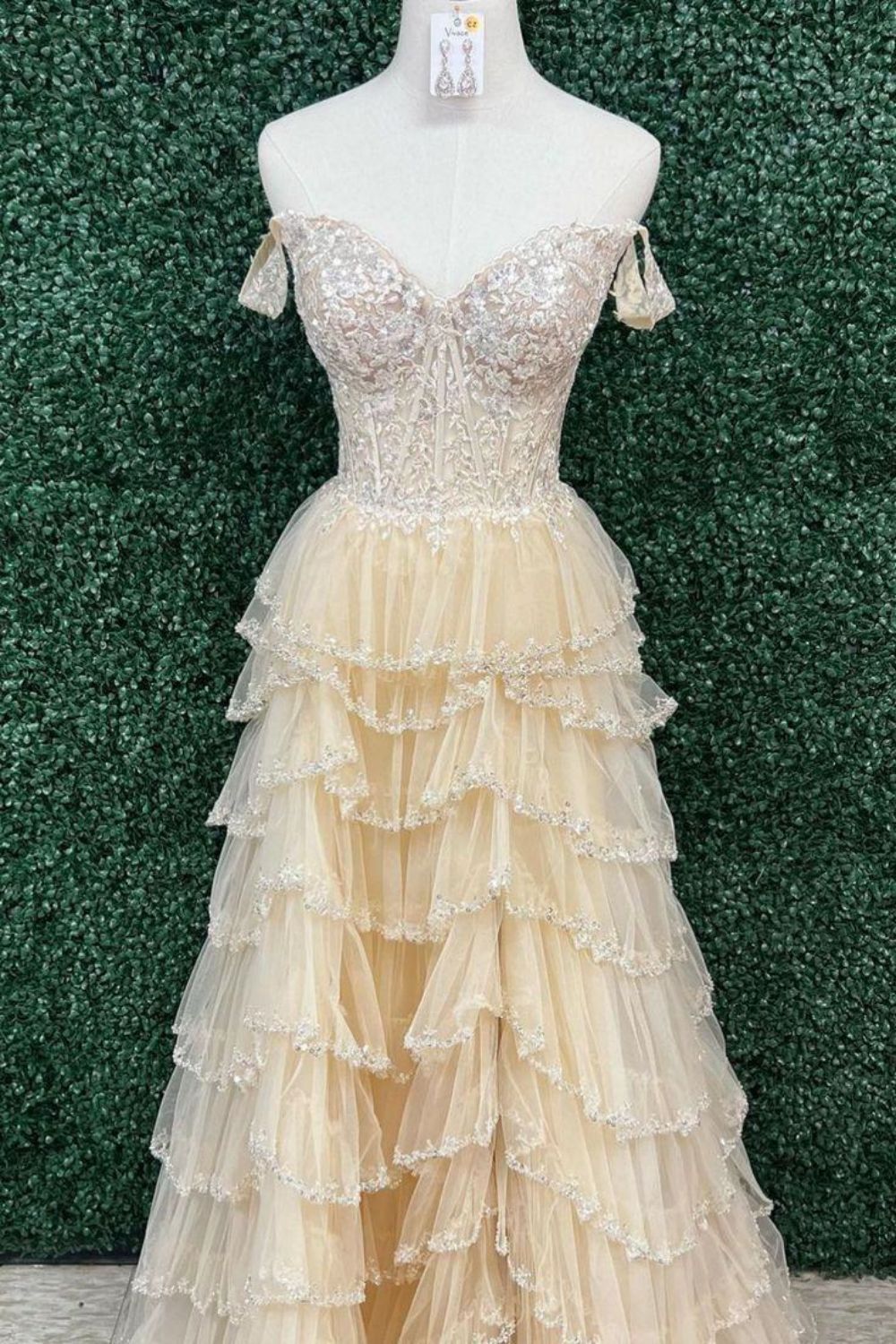 Elegant A Line Off the Shoulder Corset Light Champagne Corset Prom Dress with Lace Ruffles - View 3 | FashionDia