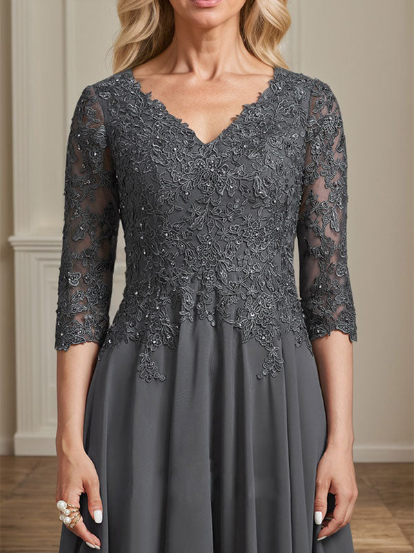 A-line V-Neck Tea-Length Chiffon Lace Mother of the Bride Dress With Beading Sequins - View 6 | FashionDia