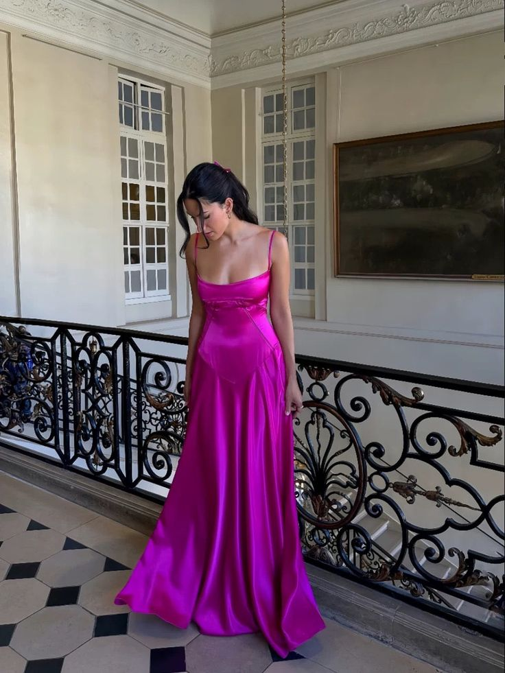 Charming Hot Pink Straps Satin A Line Long Evening Dress Party Dress