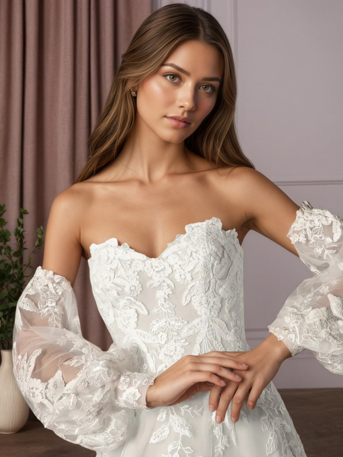 White Ball-Gown Strapless Lace Wedding Dress - View 6 | FashionDia