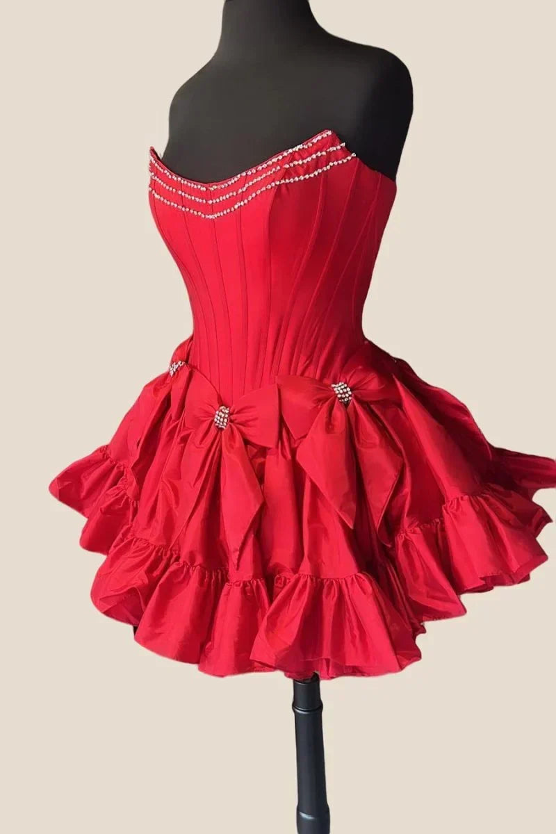 Princess A-Line Strapless Red Corset Homecoming Dress with Bowknot - View 2 | FashionDia