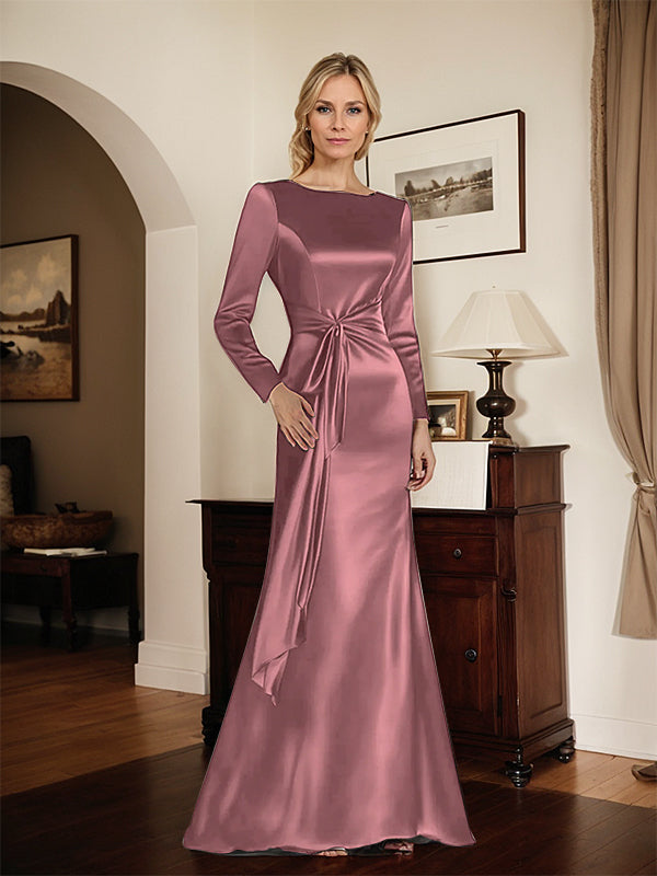 Satin Sheath Long Sleeves Mother of the Bride Dress with Side Waist - View 7 | FashionDia