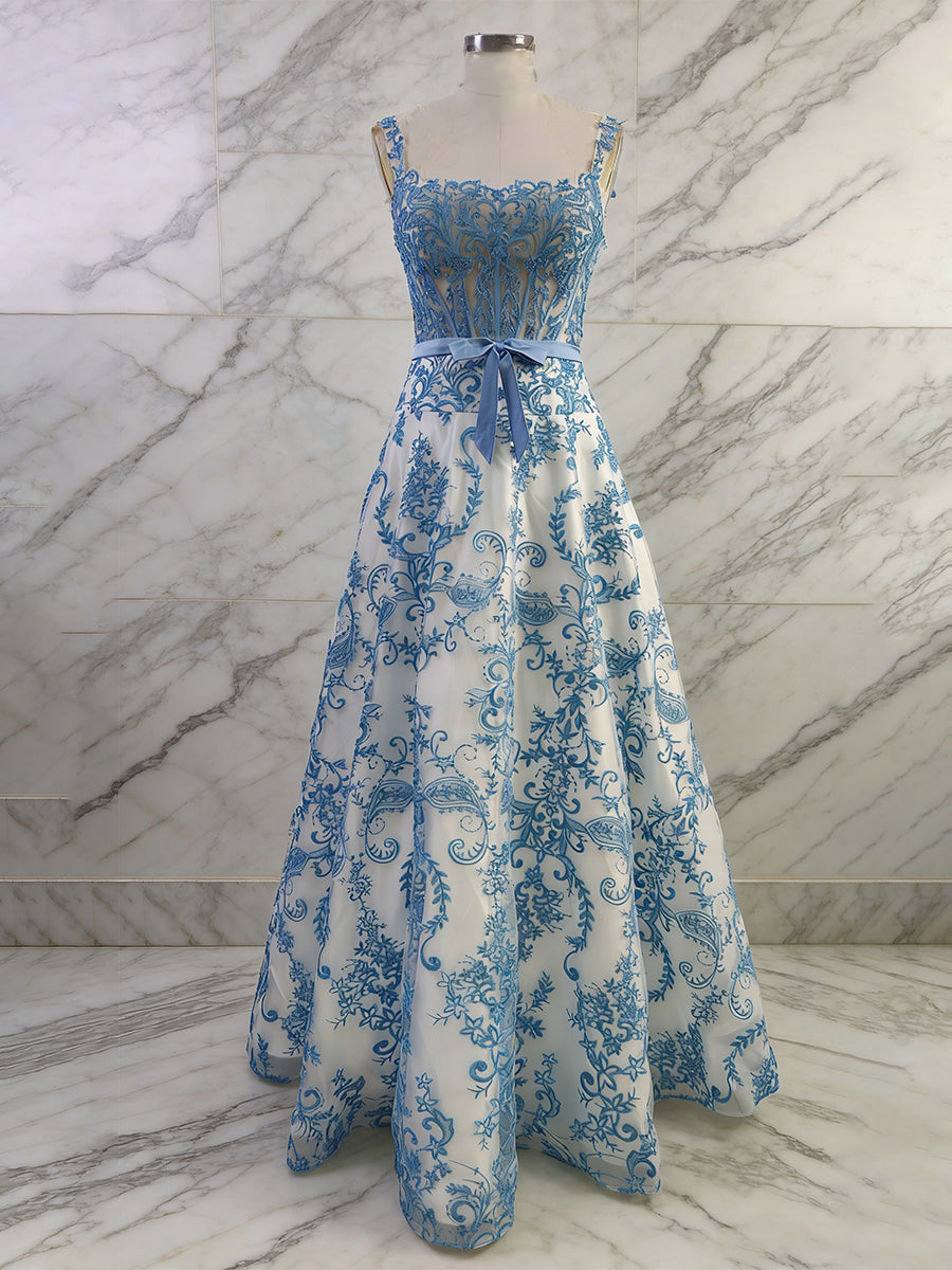 Blue Floral A Line Baroque Lace Corset Long Prom Dress