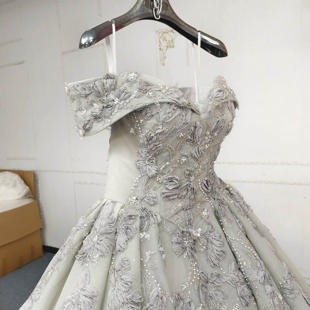 Beautiful A Line Off the Shoulder Grey Ball Gown Quinceanera Dress with Appliques Criss Cross Back