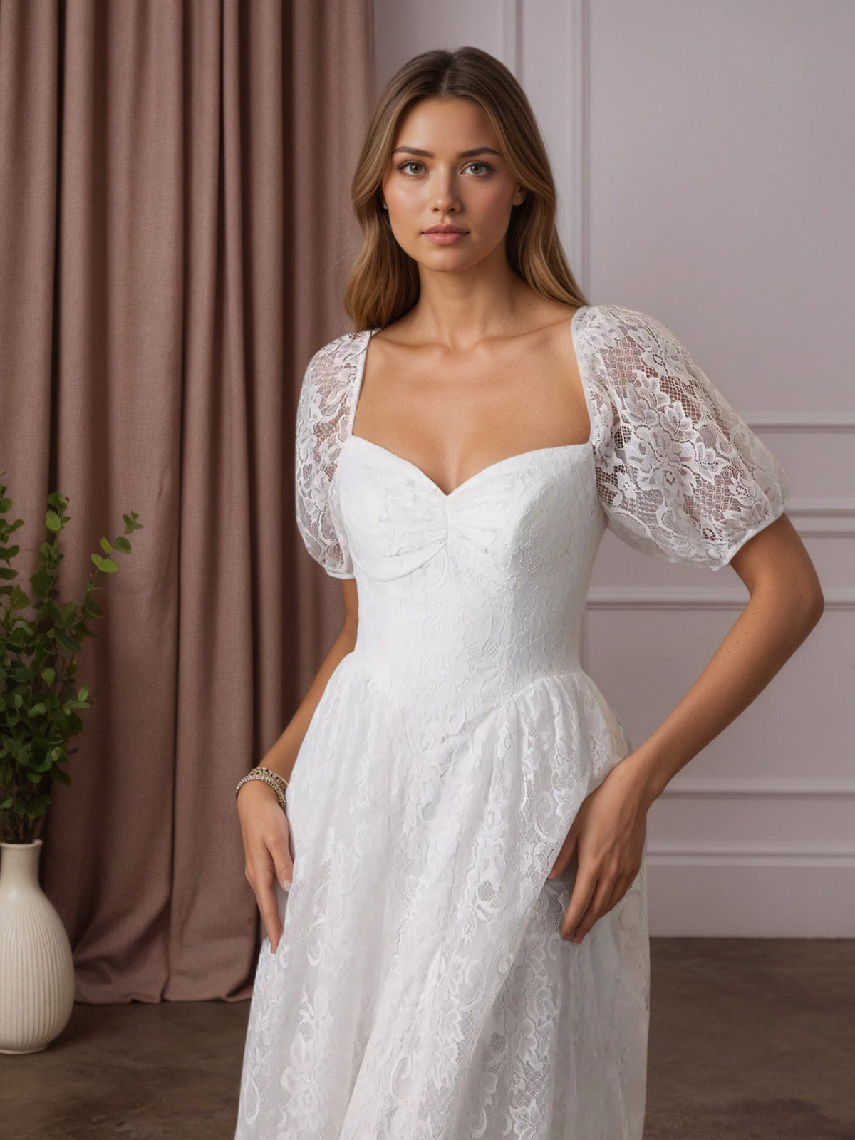 White A-Line Sweetheart Neckline Lace Wedding Dress - View 7 | FashionDia