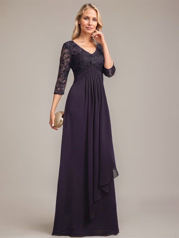 A-line V-Neck Floor-Length Lace Chiffon Mother of the Bride Dress With Cascading Ruffles Sequins - View 5 | FashionDia