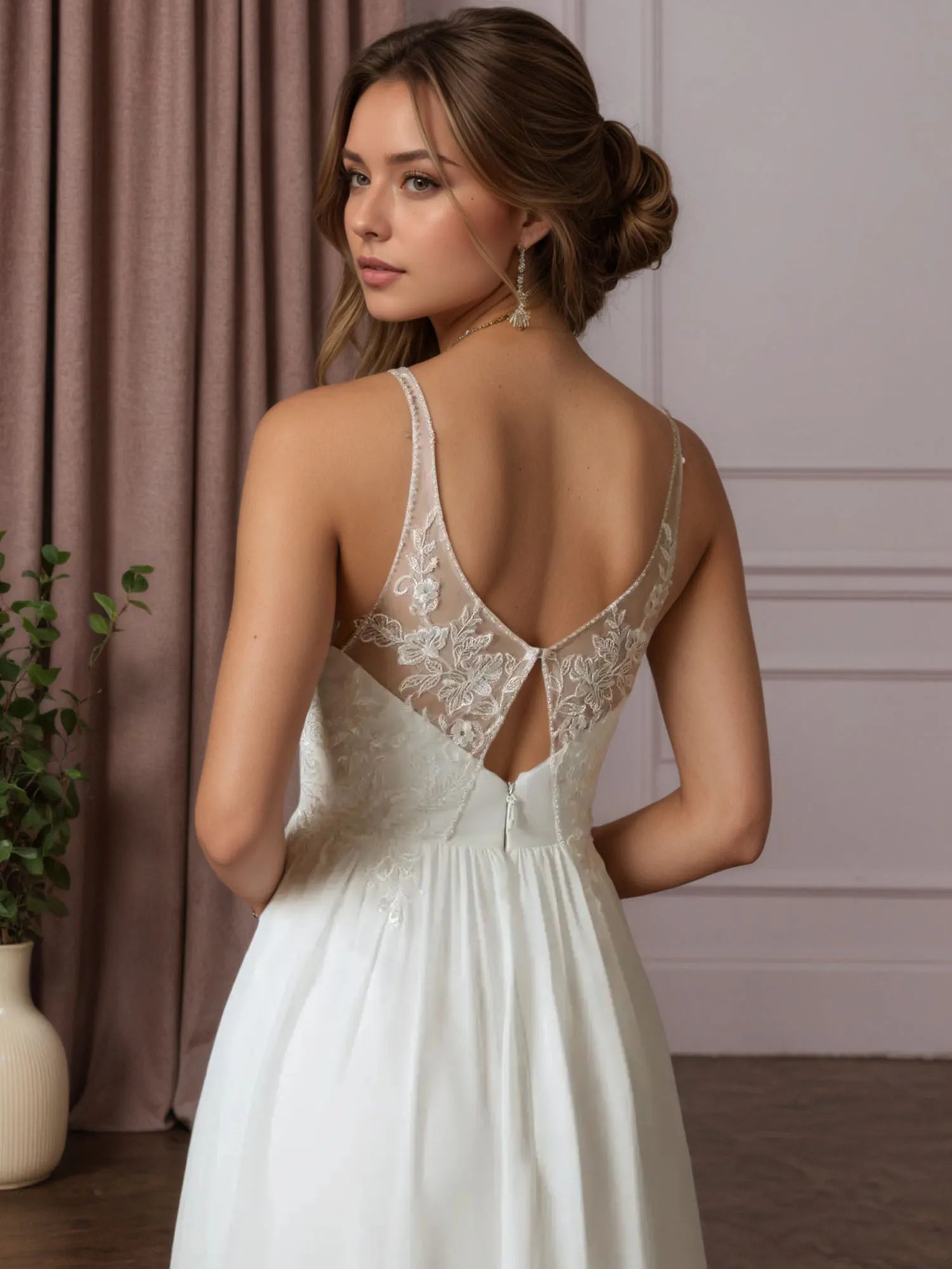 White A-Line Sequins Chiffon Wedding Dress - View 6 | FashionDia