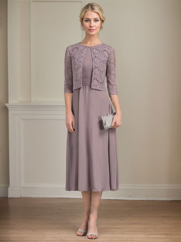 A-line Scoop Tea-Length Chiffon Mother of the Bride Dress With Pleated - View 6 | FashionDia