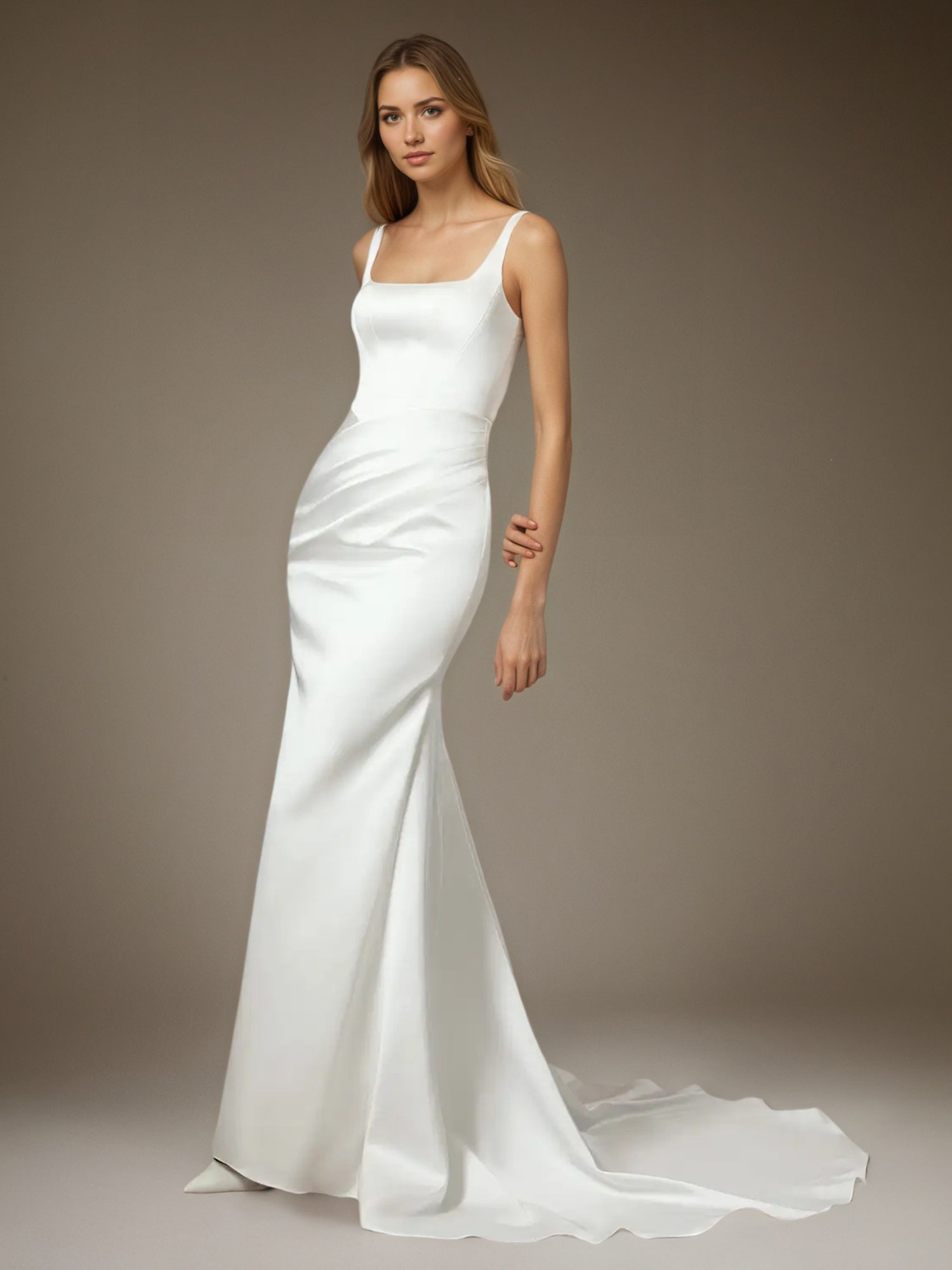 White Mermaid Square Neckline Double Faced Satin Wedding Dress
