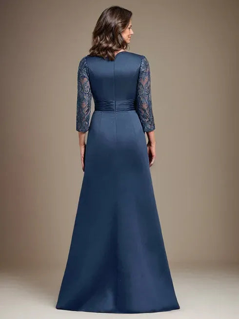 A-Line Scoop Floor-Length Lace Satin Mother Of the Bride Dress With Applique - View 6 | FashionDia