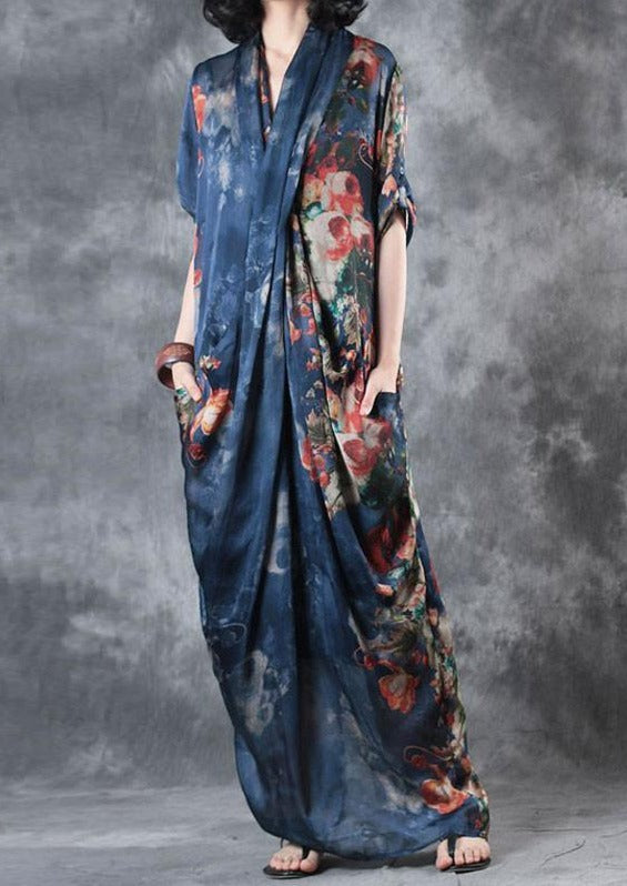 Printing Women Summer Loose Casual Irregular Floral Blue Dress