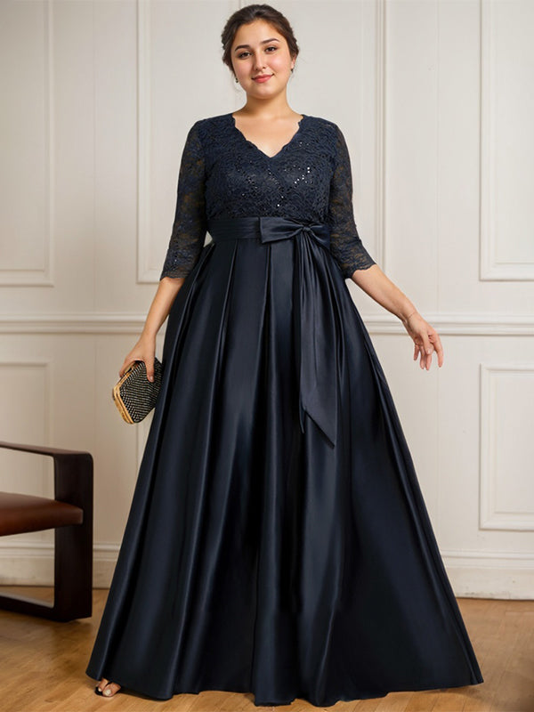 A-line V-Neck Floor-Length Satin Lace Mother of the Bride Dress With Sequins Bow - View 5 | FashionDia
