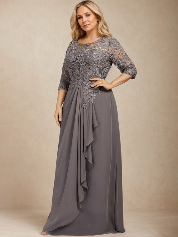 A-line Scoop Illusion Floor-Length Lace Chiffon Mother of the Bride Dress With Cascading Ruffles - View 6 | FashionDia