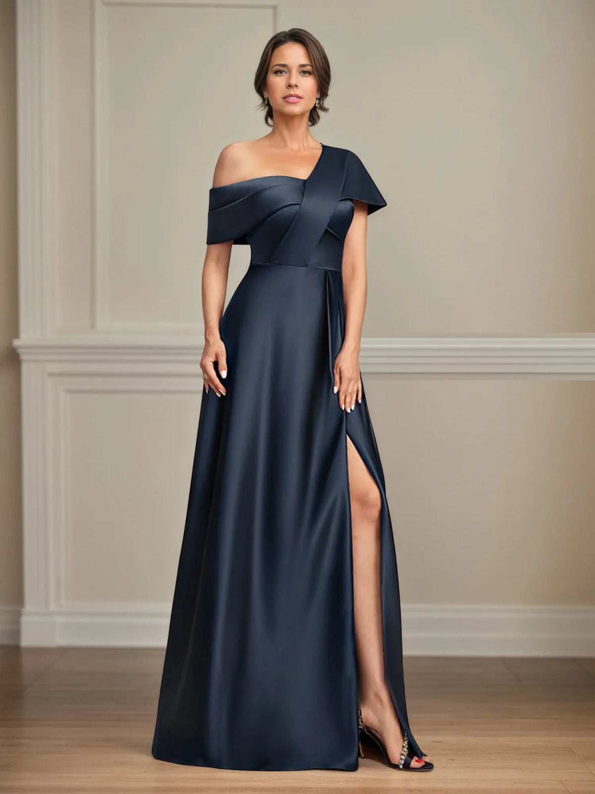 A-Line Asymmetrical Floor-Length Satin Mother of the Bride Dress With Pleated - View 6 | FashionDia