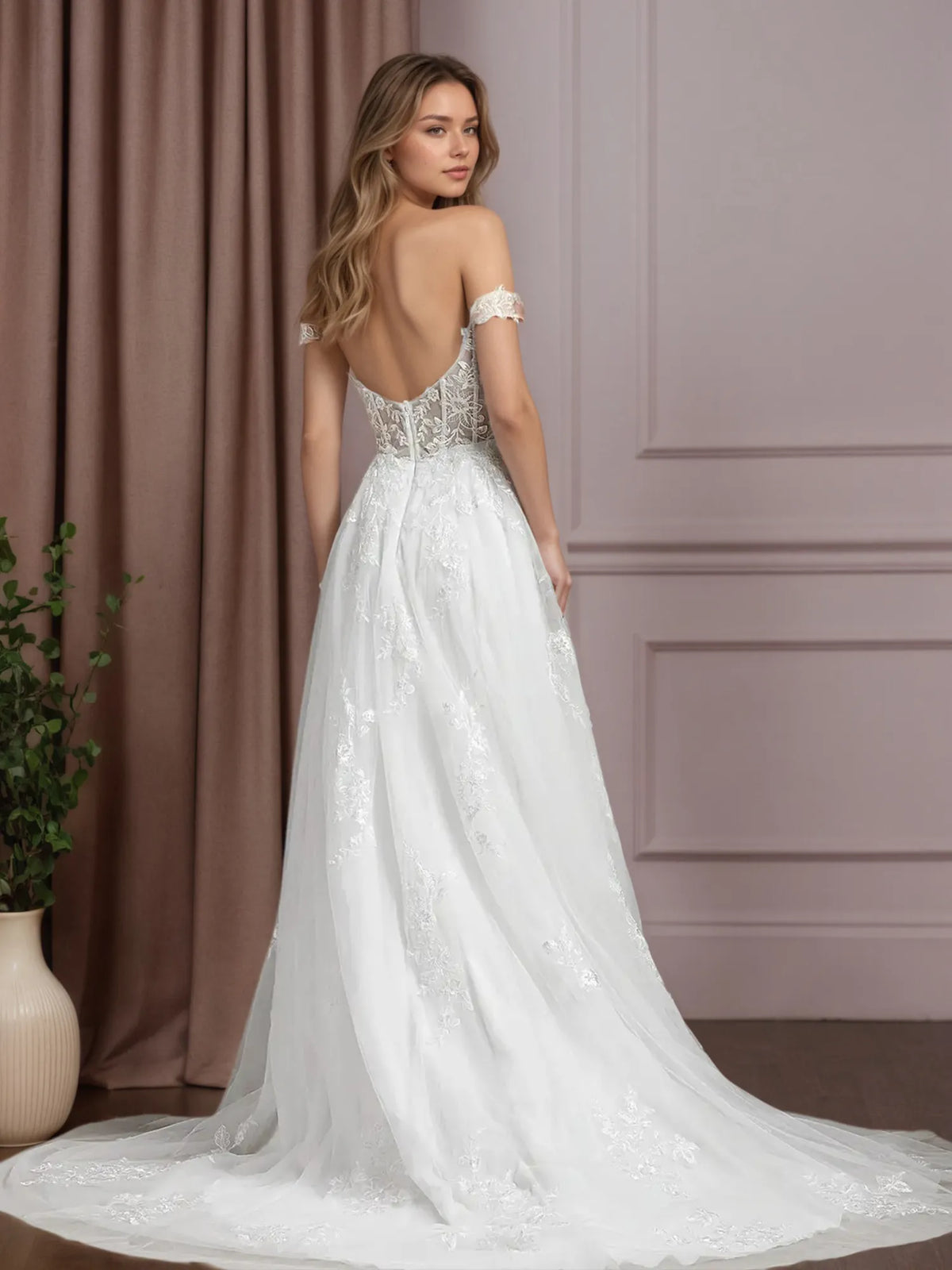 White A-Line Sequins Tulle Wedding Dress - View 2 | FashionDia