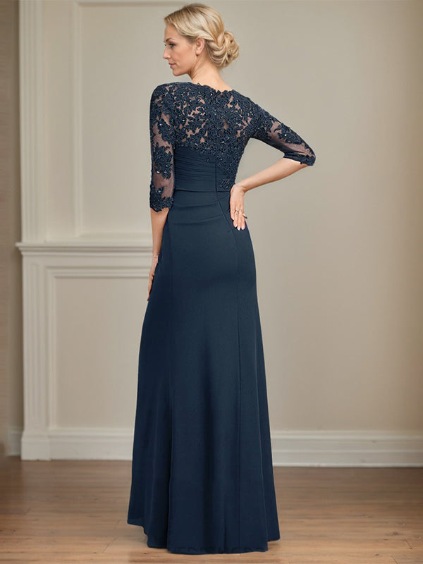 A-line Scoop Floor-Length Chiffon Lace Mother of the Bride Dress With Beading Pleated Sequins