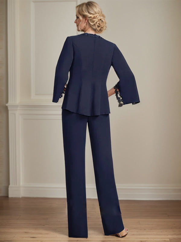 Separates Jumpsuit/Pantsuit V-Neck Floor-Length Chiffon Mother of the Bride Dress - View 6 | FashionDia