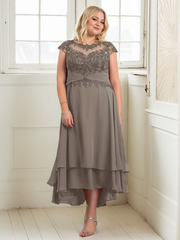 A-line Boat Neck Illusion Asymmetrical Chiffon Lace Mother of the Bride Dress With Applique Pleats - View 6 | FashionDia